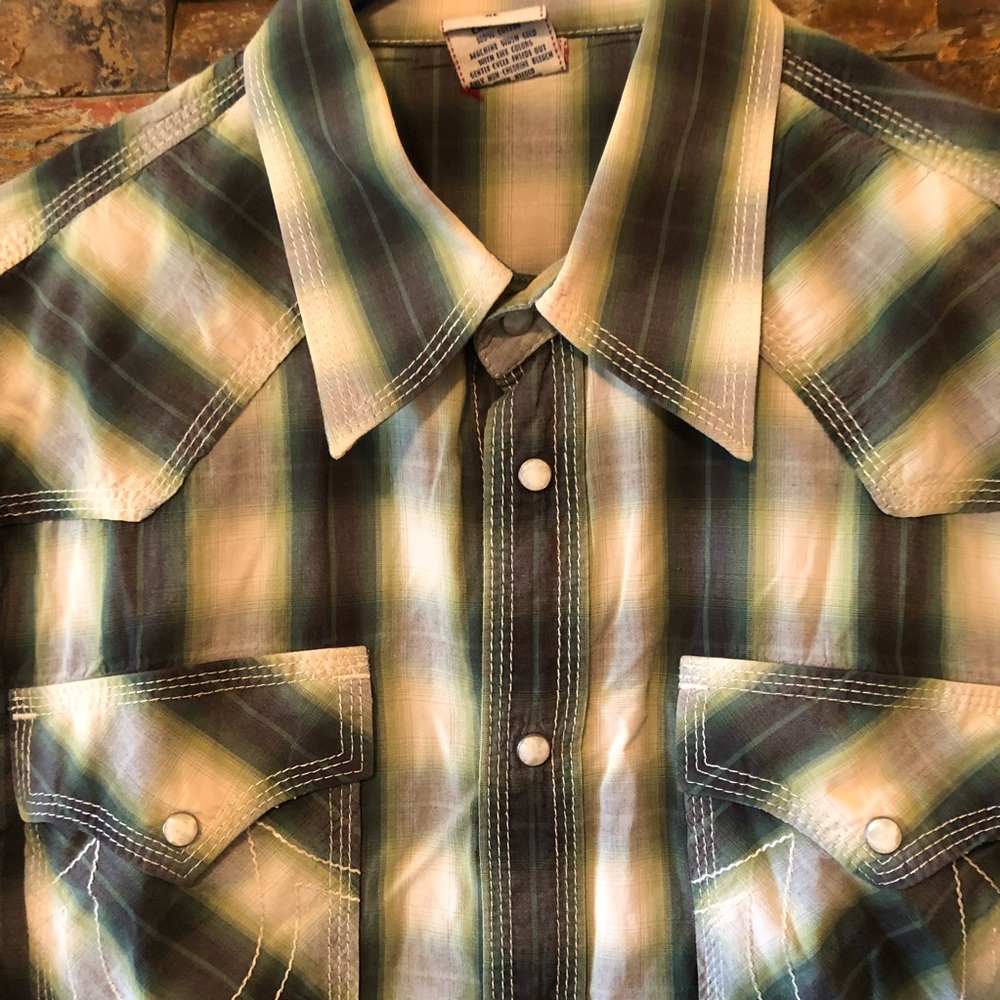 True Religion Shirt Brand Jeans XL Western Plaid  Top stitched Pearl Sna…